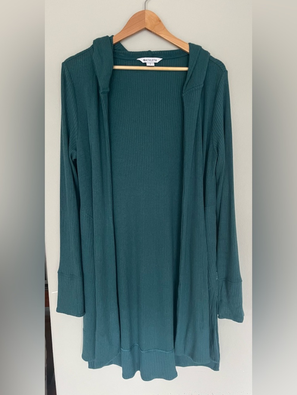 Athleta Teal Ribbed Open-Front Hooded Cardigan